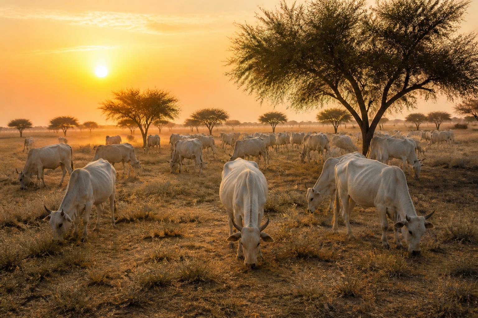 Tharparkar cows grazing at sunrise in Rajasthan